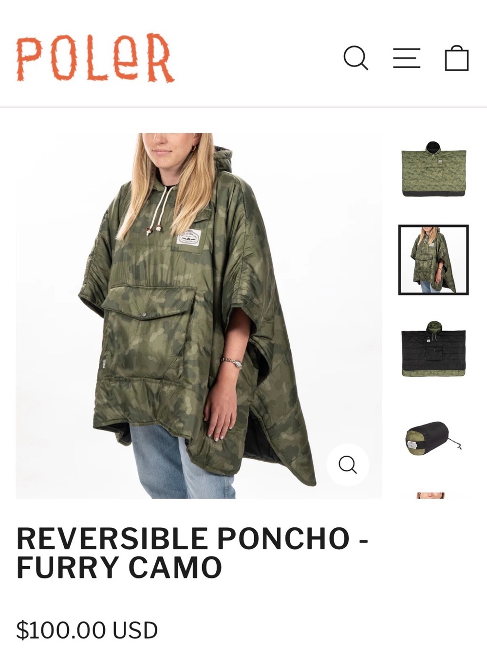Poler Reversible Poncho - Olive Green & Black